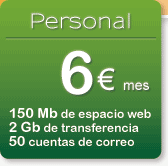 Personal. 6€/mes. 150 Mb de espacio web. 2 Gb de transferencia. 100 cuentas de correo